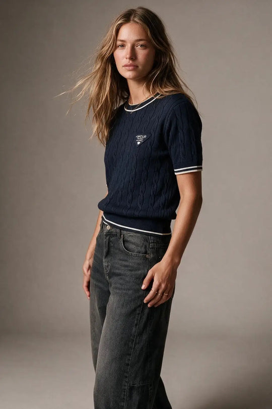 Navy Cable Knit Contrast Trim Short Sleeve Sweater