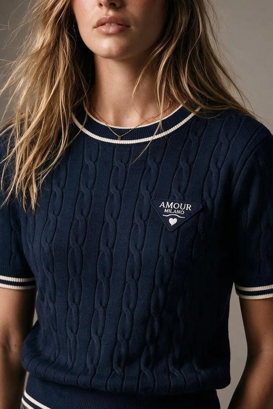 Navy Cable Knit Contrast Trim Short Sleeve Sweater