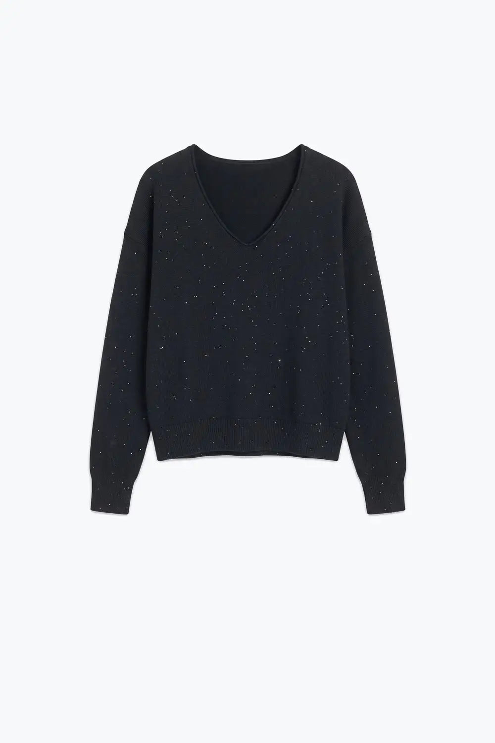 Black Glitter Fine Knit V Neck Ribbed Trim Sweater with sequins embellished