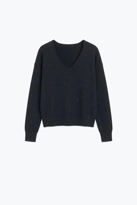Black Glitter Fine Knit V Neck Ribbed Trim Sweater with sequins embellished