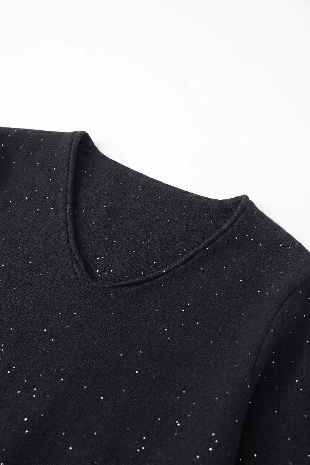 Black Glitter Fine Knit V Neck Ribbed Trim Sweater with sequins embellished
