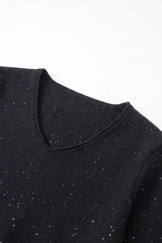 Black Glitter Fine Knit V Neck Ribbed Trim Sweater with sequins embellished