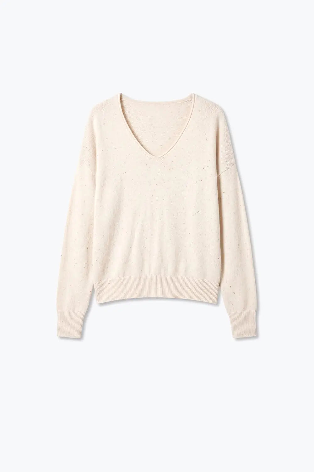 beige Speckled Soft Knit V Neck Ribbed Sweater with sequins embellished