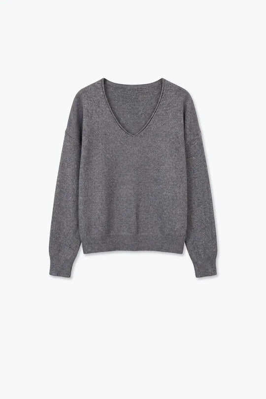 Grey Fine Knit V Neck Ribbed Trim Sweater with sequins embellished