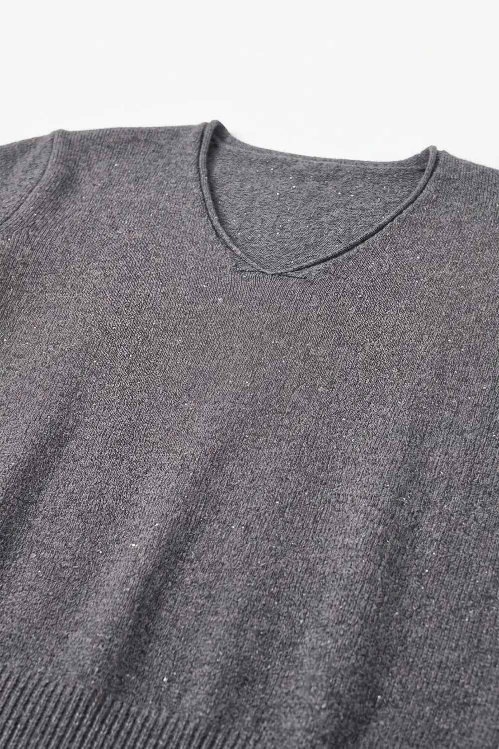 Grey Fine Knit V Neck Ribbed Trim Sweater with sequins embellished
