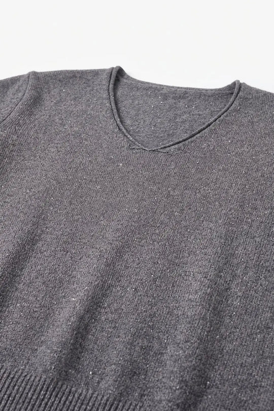 Grey Fine Knit V Neck Ribbed Trim Sweater with sequins embellished