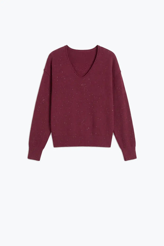 wine Glitter Fine Knit V Neck Ribbed Trim Sweater with sequins embellished