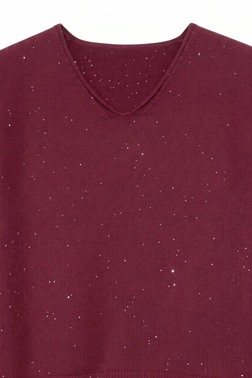 wine Glitter Fine Knit V Neck Ribbed Trim Sweater with sequins embellished