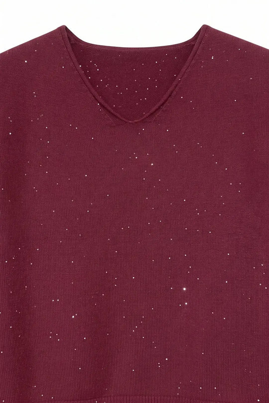 wine Glitter Fine Knit V Neck Ribbed Trim Sweater with sequins embellished