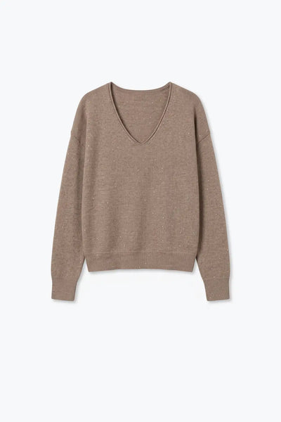 Fango Glitter Fleck Soft Knit V Neck Ribbed Trim Sweater with sequins embellished