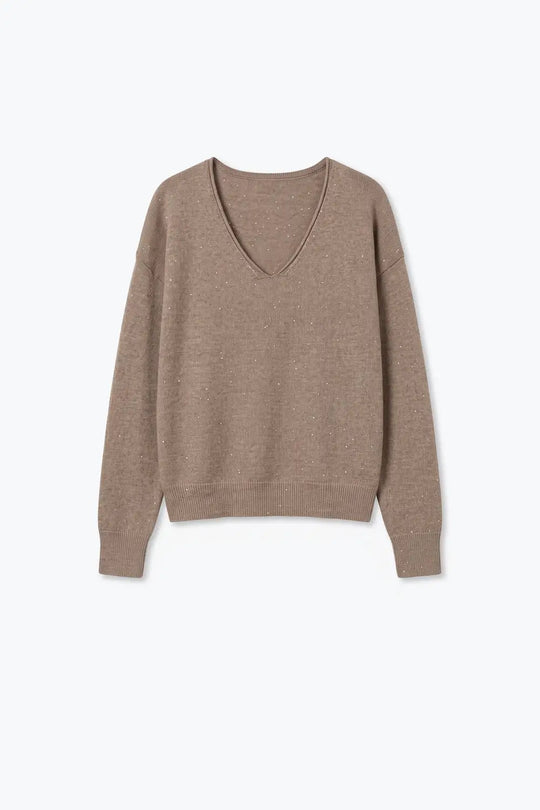 Fango Glitter Fleck Soft Knit V Neck Ribbed Trim Sweater with sequins embellished