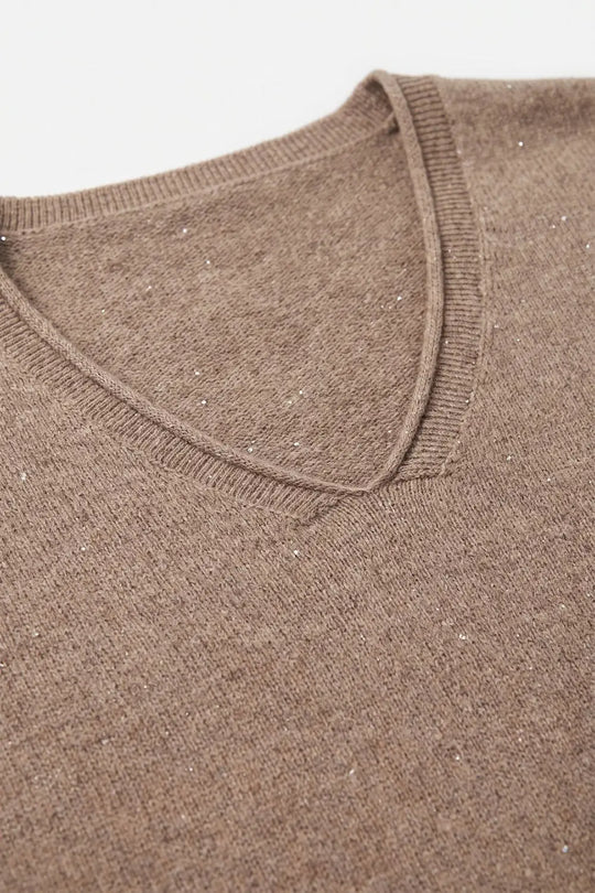 Fango Glitter Fleck Soft Knit V Neck Ribbed Trim Sweater with sequins embellished