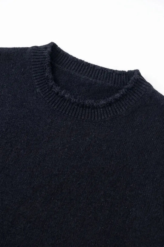 Black Short Sleeve Crew Neck Sweater with Faux Fur Trim