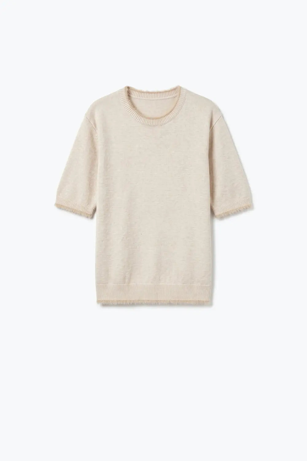 Beige Short Sleeve Crew Neck Sweater with Faux Fur Trim