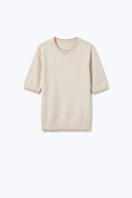 Beige Short Sleeve Crew Neck Sweater with Faux Fur Trim