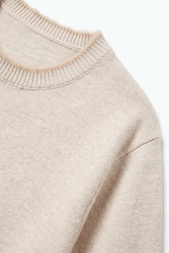 Beige Short Sleeve Crew Neck Sweater with Faux Fur Trim
