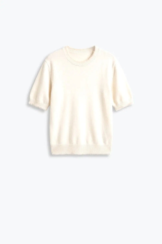 cream Short Sleeve Crew Neck Sweater with Faux Fur Trim