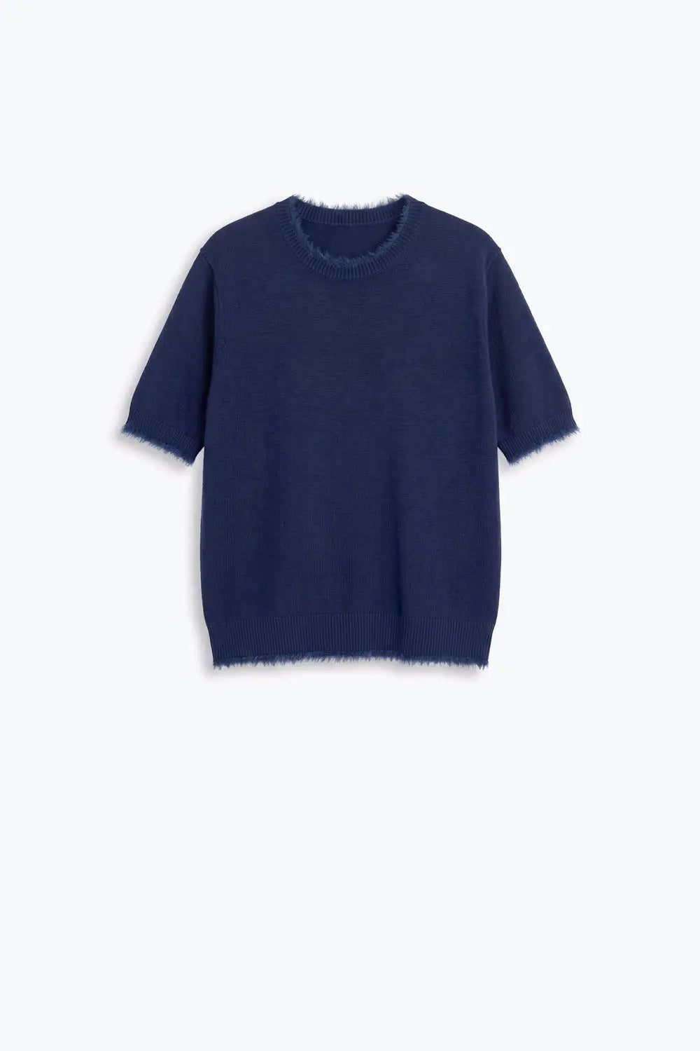 Navy Short Sleeve Crew Neck Sweater with Faux Fur Trim