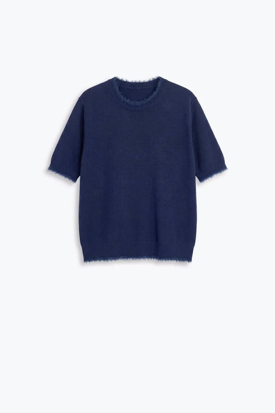 Navy Short Sleeve Crew Neck Sweater with Faux Fur Trim