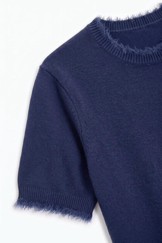 Navy Short Sleeve Crew Neck Sweater with Faux Fur Trim