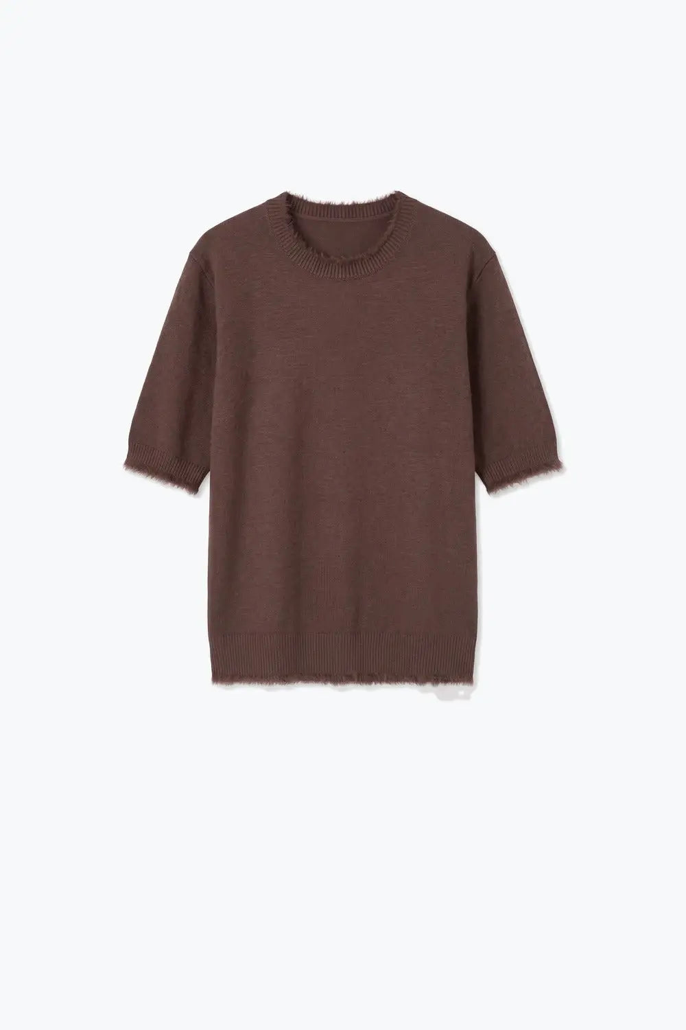 Brown Short Sleeve Crew Neck Sweater with Faux Fur Trim