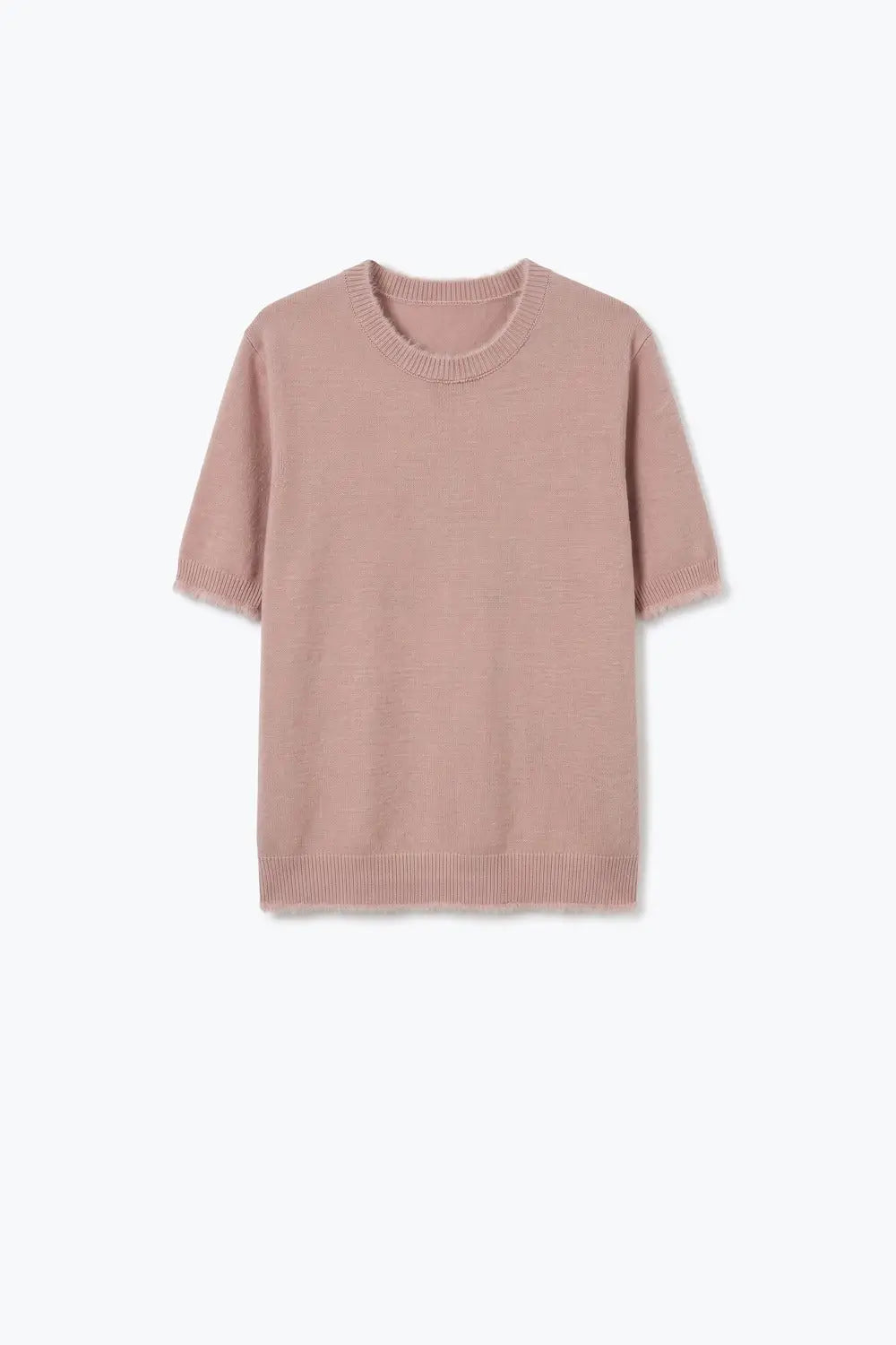 Dusty Pink Short Sleeve Crew Neck Sweater with Faux Fur Trim