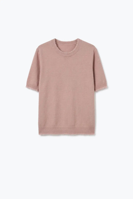 Dusty Pink Short Sleeve Crew Neck Sweater with Faux Fur Trim