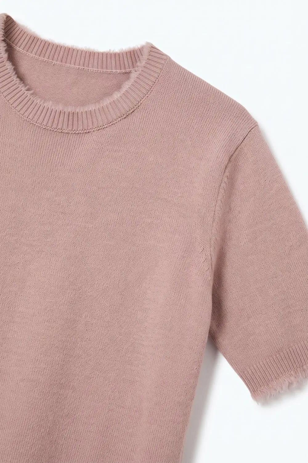 Dusty Pink Short Sleeve Crew Neck Sweater with Faux Fur Trim