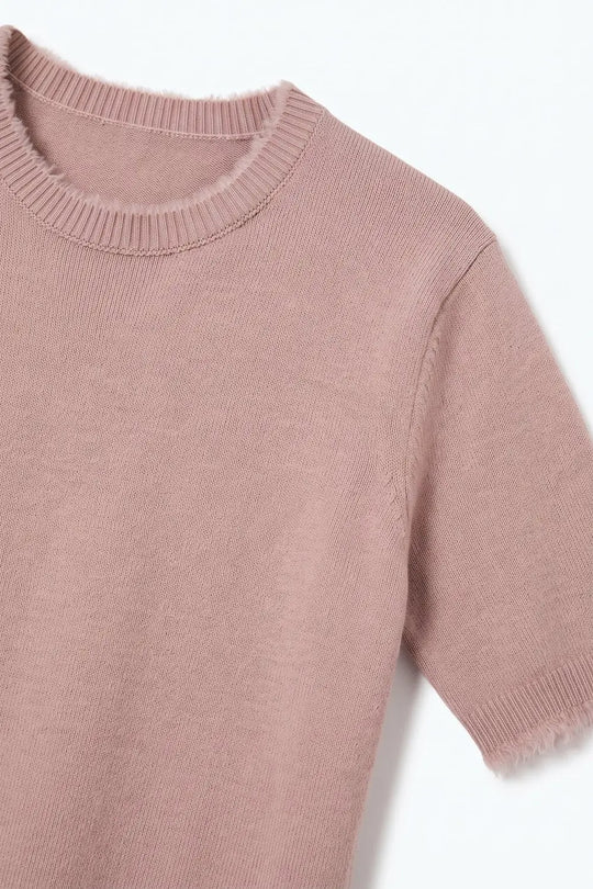 Dusty Pink Short Sleeve Crew Neck Sweater with Faux Fur Trim