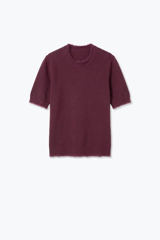 Purple Short Sleeve Crew Neck Sweater with Faux Fur Trim