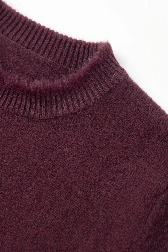 Purple Short Sleeve Crew Neck Sweater with Faux Fur Trim