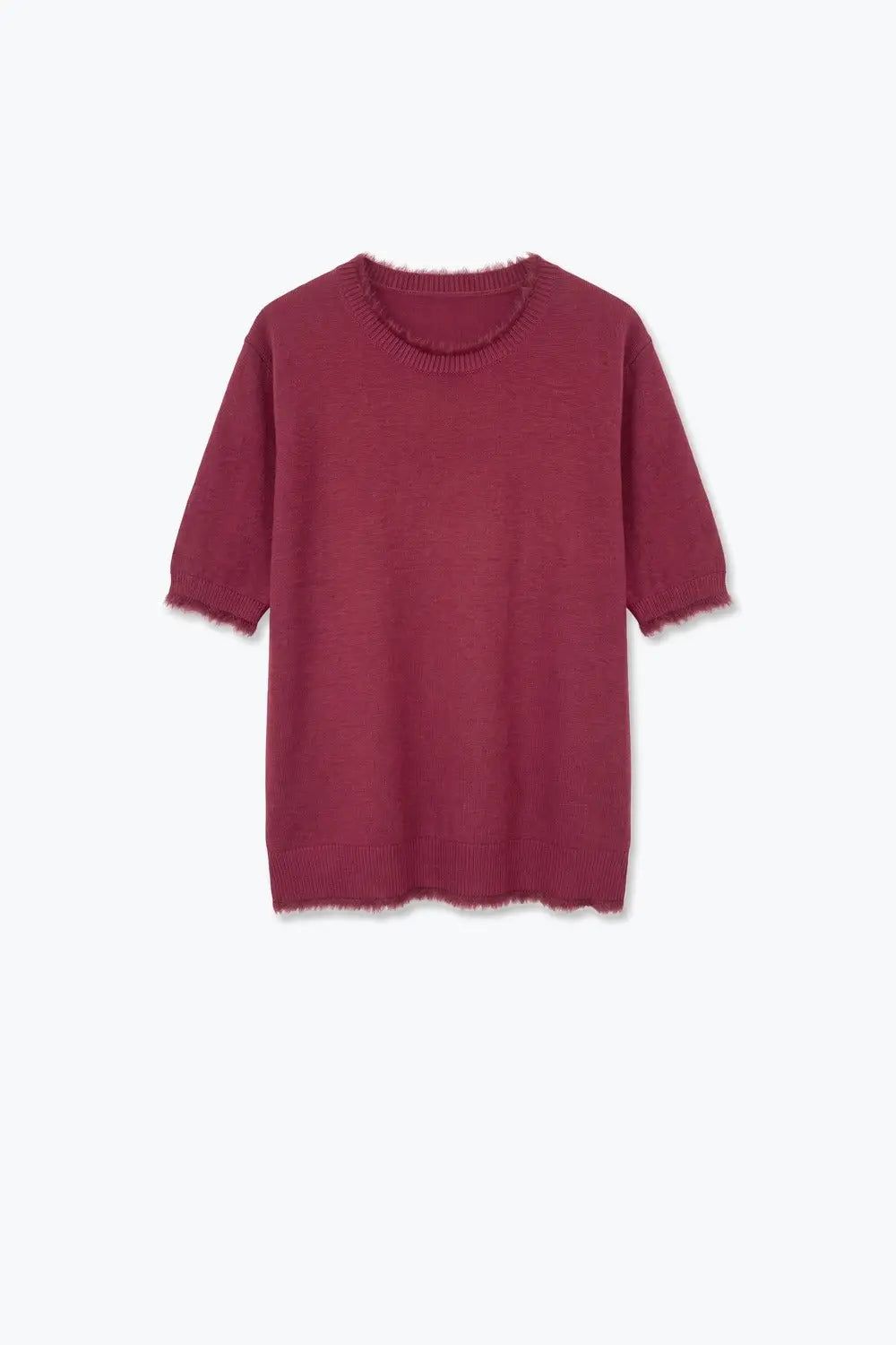 Burgundy Short Sleeve Crew Neck Sweater with Faux Fur Trim