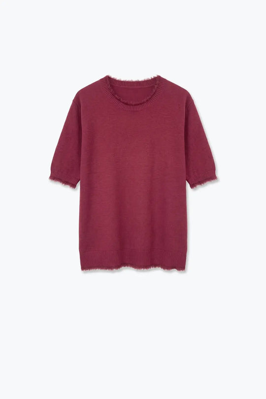 Burgundy Short Sleeve Crew Neck Sweater with Faux Fur Trim