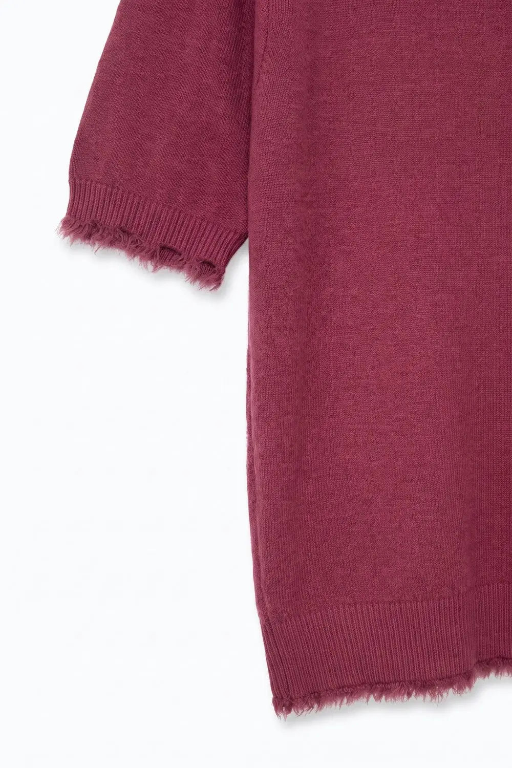 Burgundy Short Sleeve Crew Neck Sweater with Faux Fur Trim