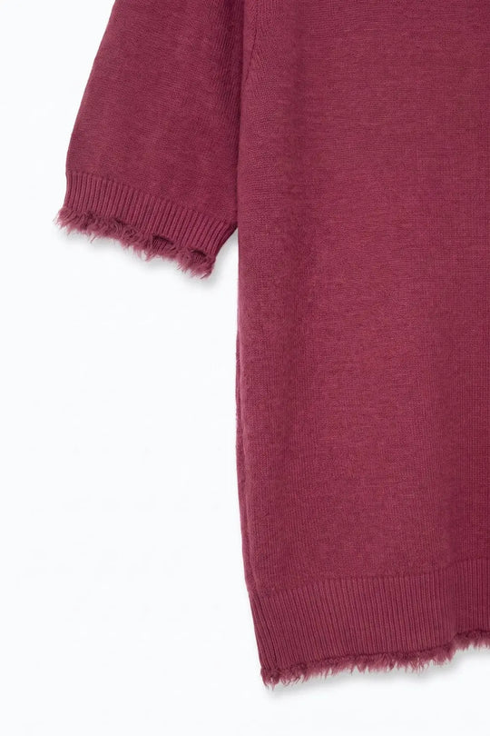 Burgundy Short Sleeve Crew Neck Sweater with Faux Fur Trim
