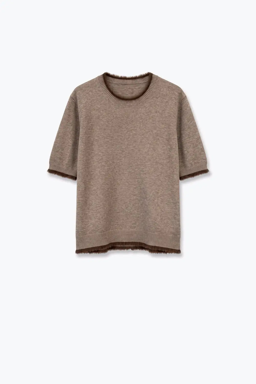 Camel Short Sleeve Crew Neck Sweater with Faux Fur Trim