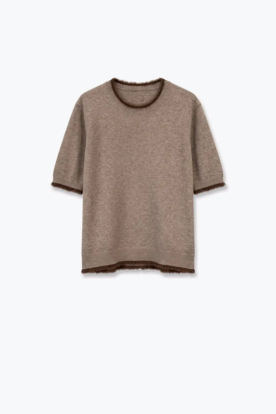 Camel Short Sleeve Crew Neck Sweater with Faux Fur Trim