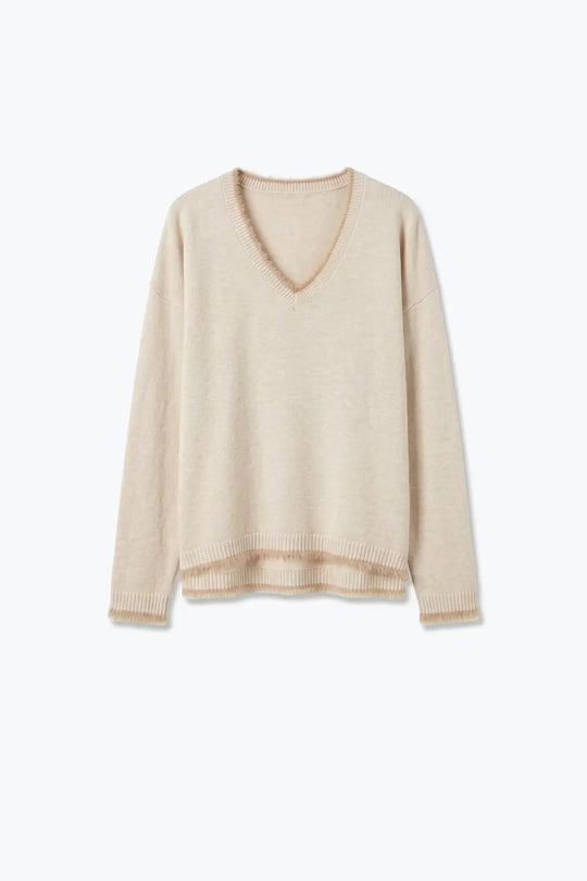 Beige V-Neck Sweater with Faux Fur Trim