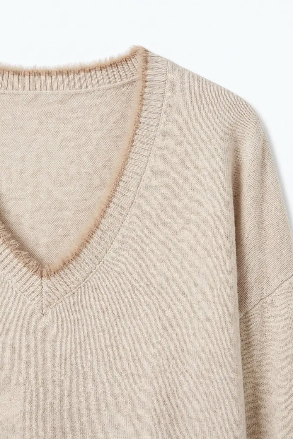 Beige V-Neck Sweater with Faux Fur Trim