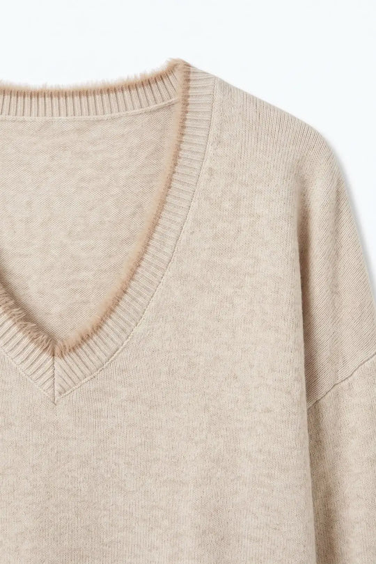 Beige V-Neck Sweater with Faux Fur Trim