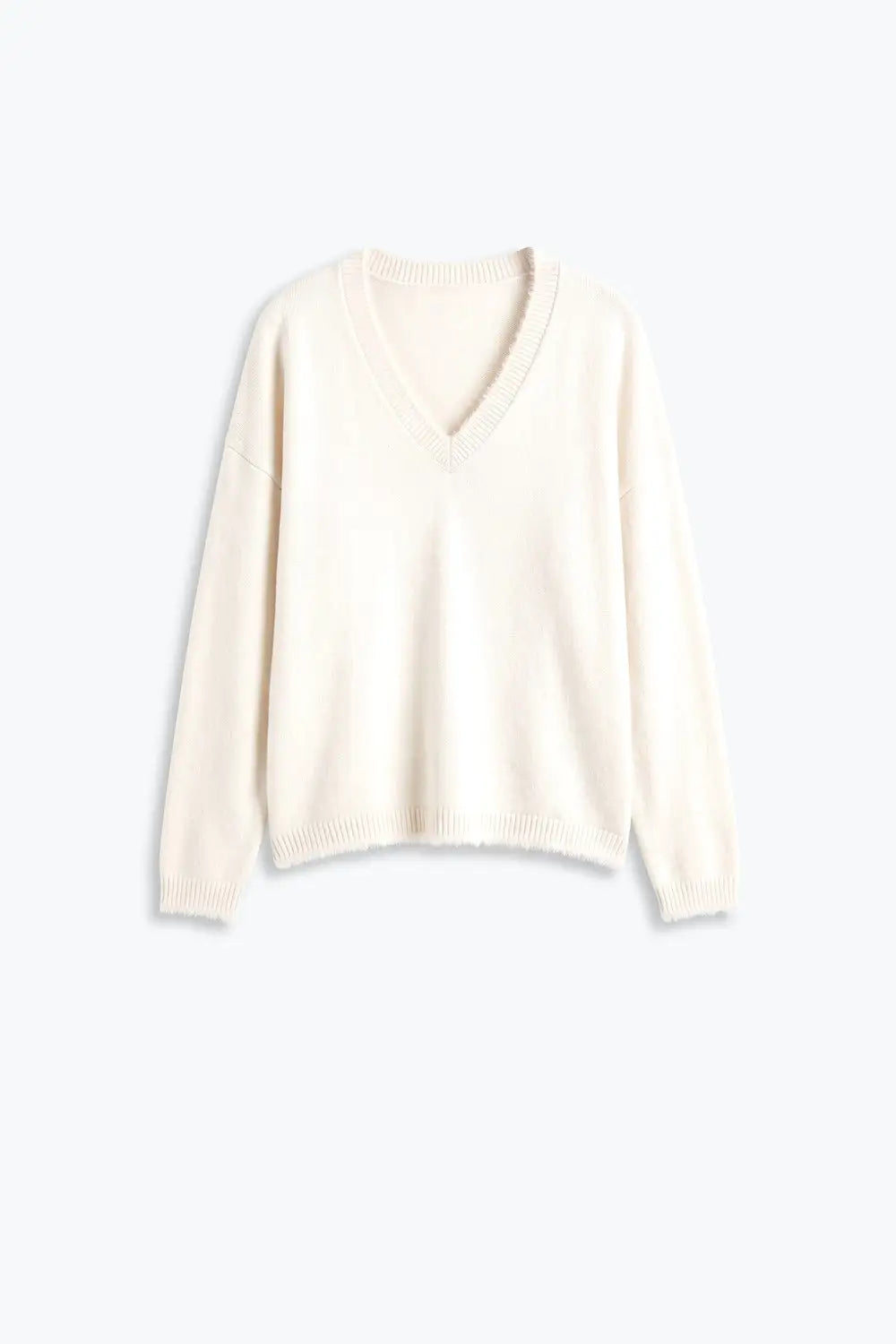 Cream V-Neck Sweater with Faux Fur Trim