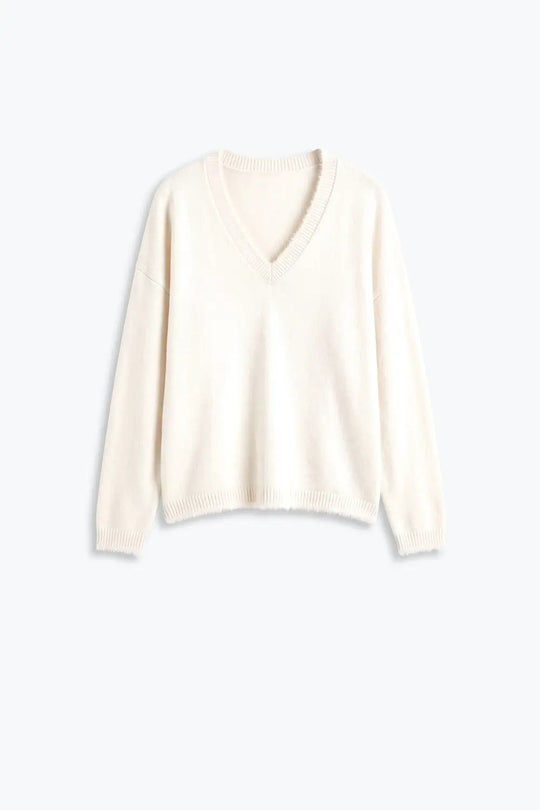 Cream V-Neck Sweater with Faux Fur Trim