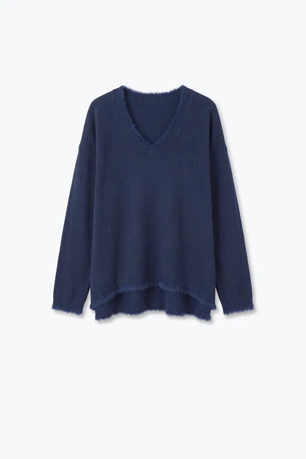 Navy V-Neck Sweater with Faux Fur Trim