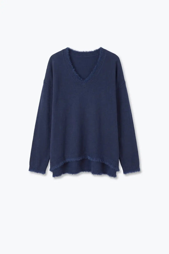Navy V-Neck Sweater with Faux Fur Trim