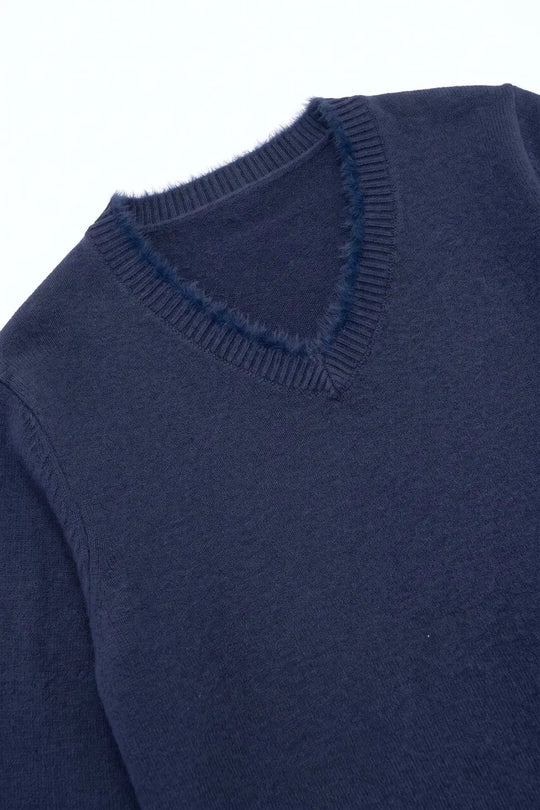 Navy V-Neck Sweater with Faux Fur Trim