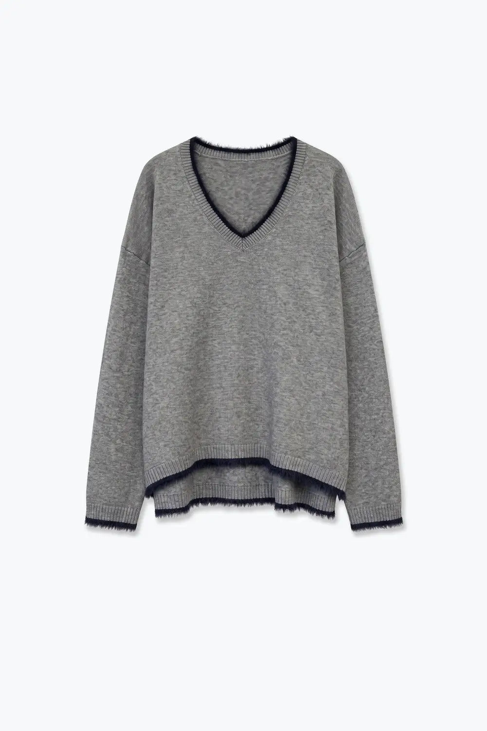 Gray V-Neck Sweater with Faux Fur Trim