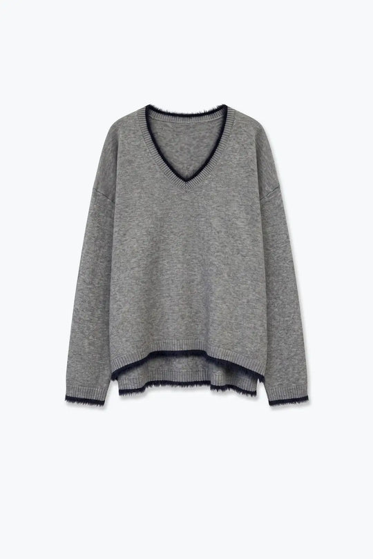Gray V-Neck Sweater with Faux Fur Trim