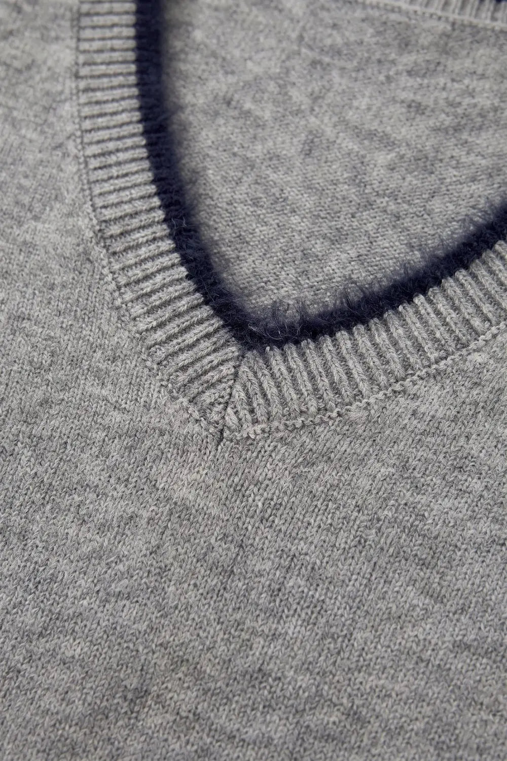 Gray V-Neck Sweater with Faux Fur Trim