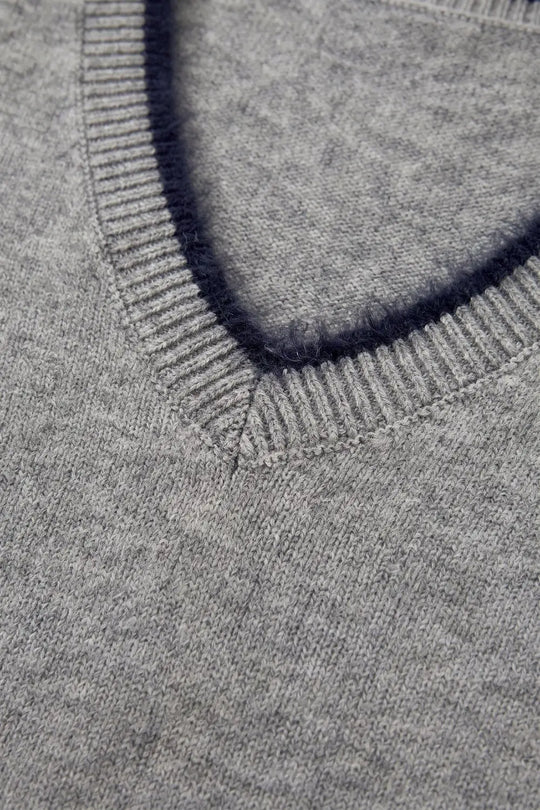Gray V-Neck Sweater with Faux Fur Trim