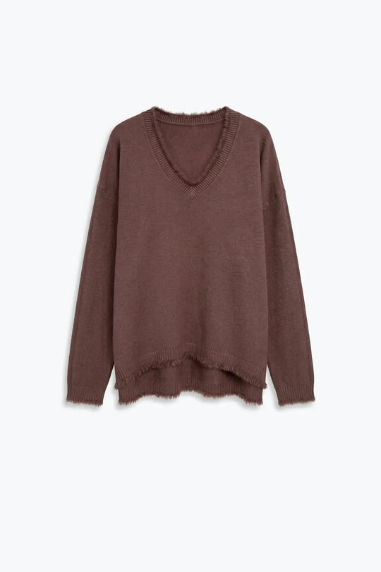 Brown V-Neck Sweater with Faux Fur Trim